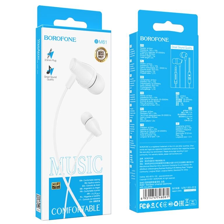 Borofone Earphones BM61 Wanderer με βύσμα 3.5mm και μικρόφωνο, λευκά Borofone Earphones BM61 Wanderer με βύσμα 3.5mm και μικρόφωνο, λευκά
